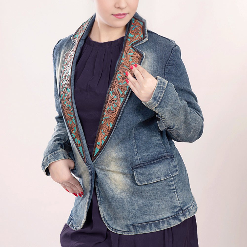 LC-ADBZ018 Women's Vintage Denim Western Blazer with Turquoise Tooled Leather Lapels - Tailored Cowgirl Jacket