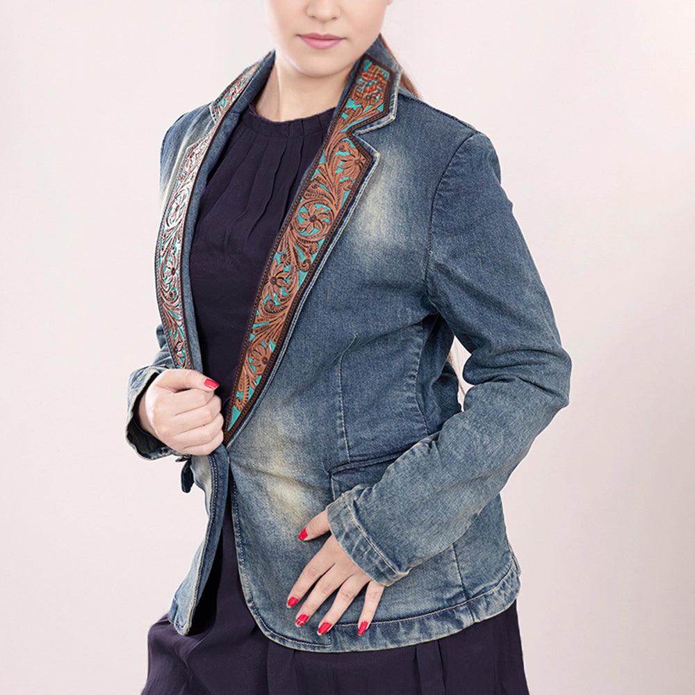 LC-ADBZ018 Women's Vintage Denim Western Blazer with Turquoise Tooled Leather Lapels - Tailored Cowgirl Jacket