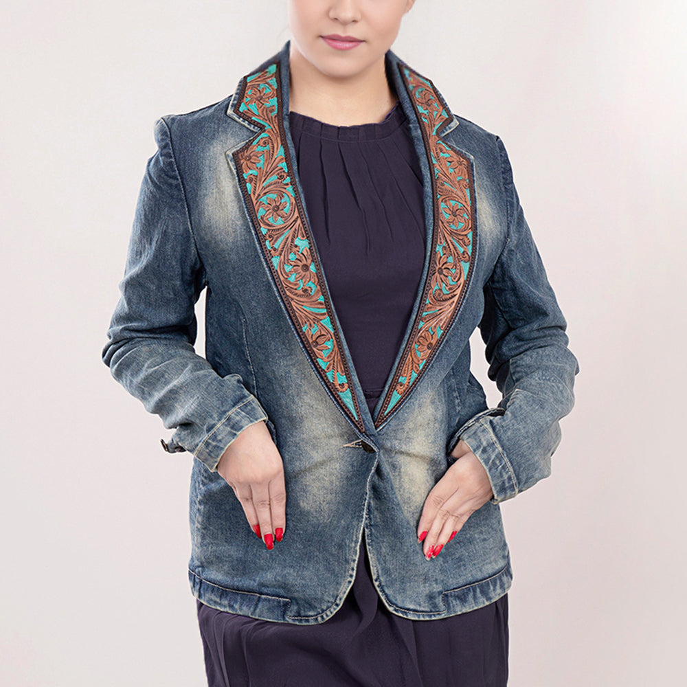 LC-ADBZ018 Women's Vintage Denim Western Blazer with Turquoise Tooled Leather Lapels - Tailored Cowgirl Jacket