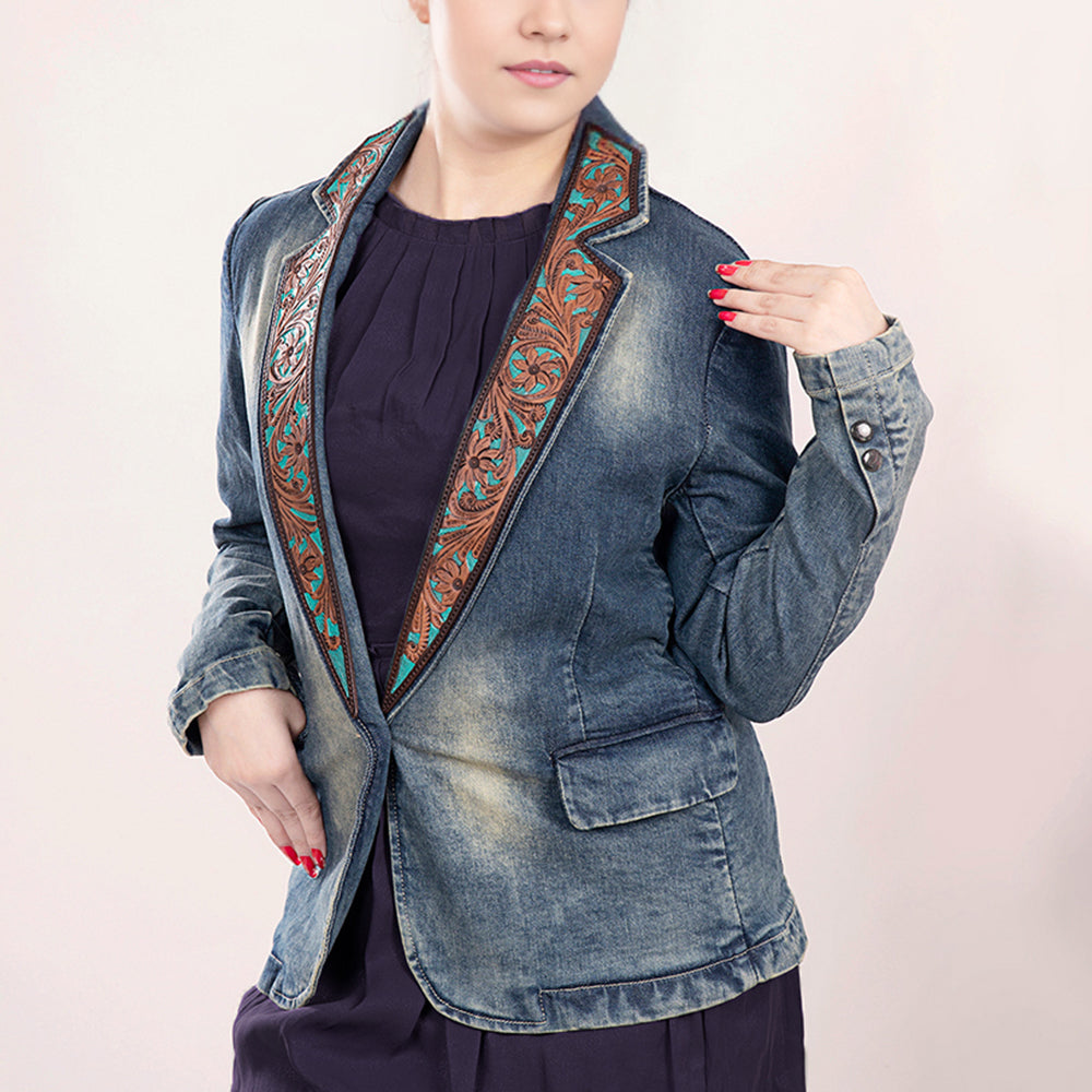 LC-ADBZ018 Women's Vintage Denim Western Blazer with Turquoise Tooled Leather Lapels - Tailored Cowgirl Jacket