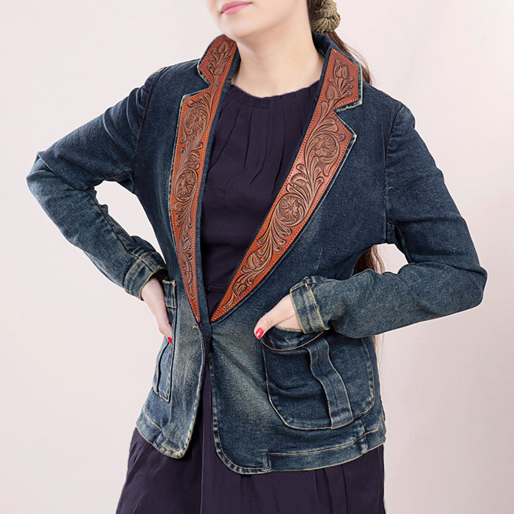 LC-ADBZ019 Women's Western Denim Blazer with Natural Tooled Leather Lapels - Vintage Cowgirl Jacket