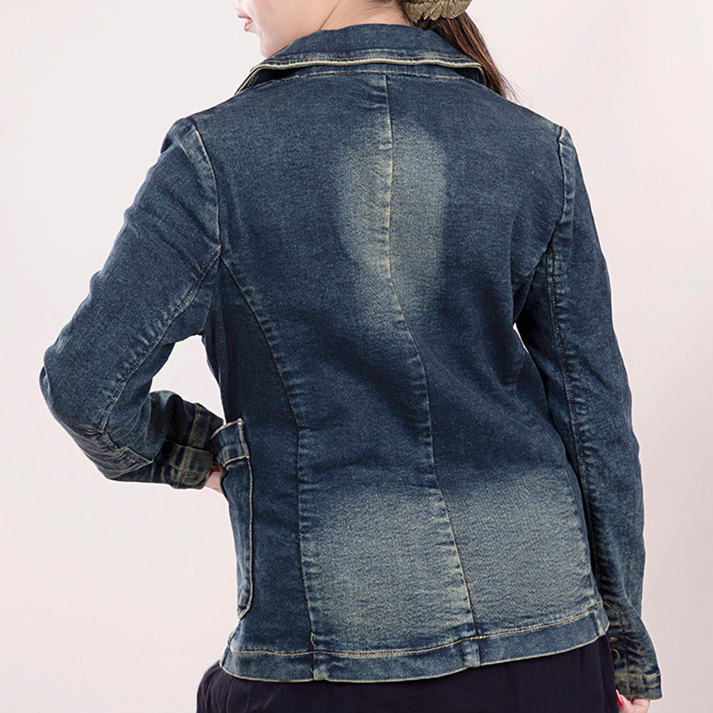 LC-ADBZ019 Women's Western Denim Blazer with Natural Tooled Leather Lapels - Vintage Cowgirl Jacket