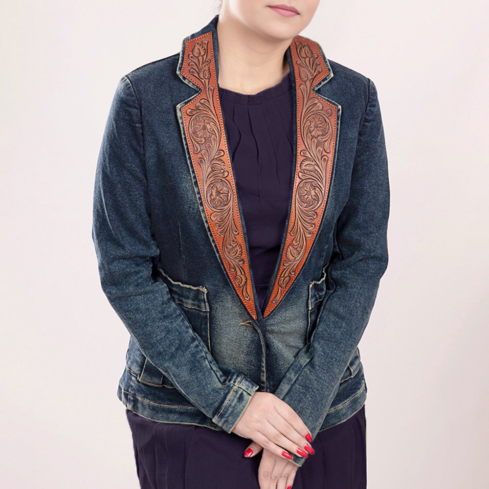 LC-ADBZ019 Women's Western Denim Blazer with Natural Tooled Leather Lapels - Vintage Cowgirl Jacket