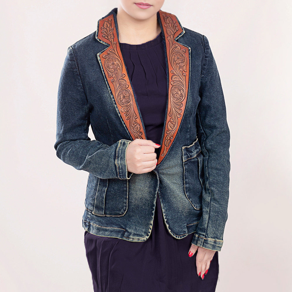 LC-ADBZ019 Women's Western Denim Blazer with Natural Tooled Leather Lapels - Vintage Cowgirl Jacket