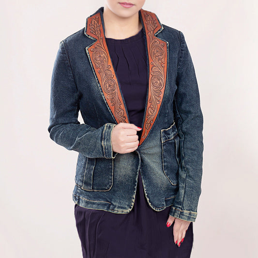 LC-ADBZ019 Women's Western Denim Blazer with Natural Tooled Leather Lapels - Vintage Cowgirl Jacket