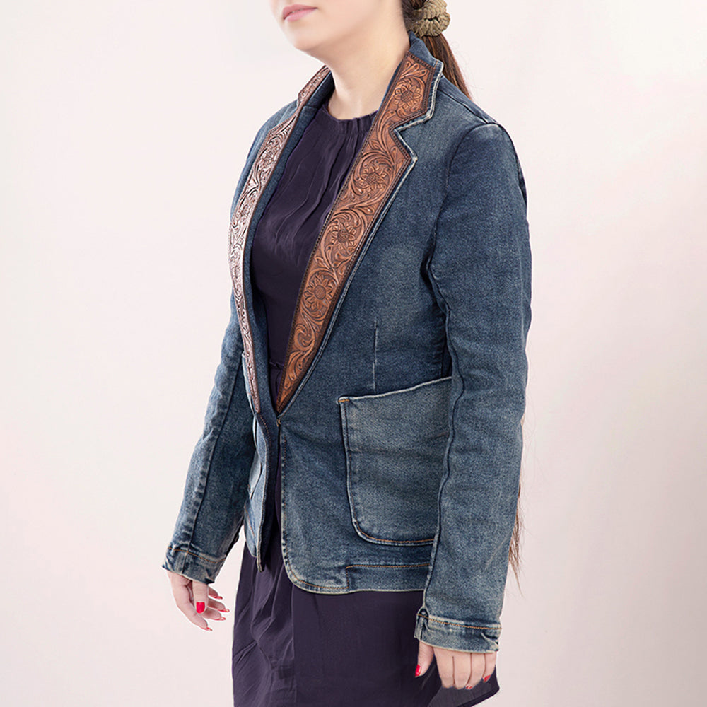 LC-ADBZ020 Women's Western Denim Blazer with Wide Tooled Leather Lapels - Deep Wash Cowgirl Jacket