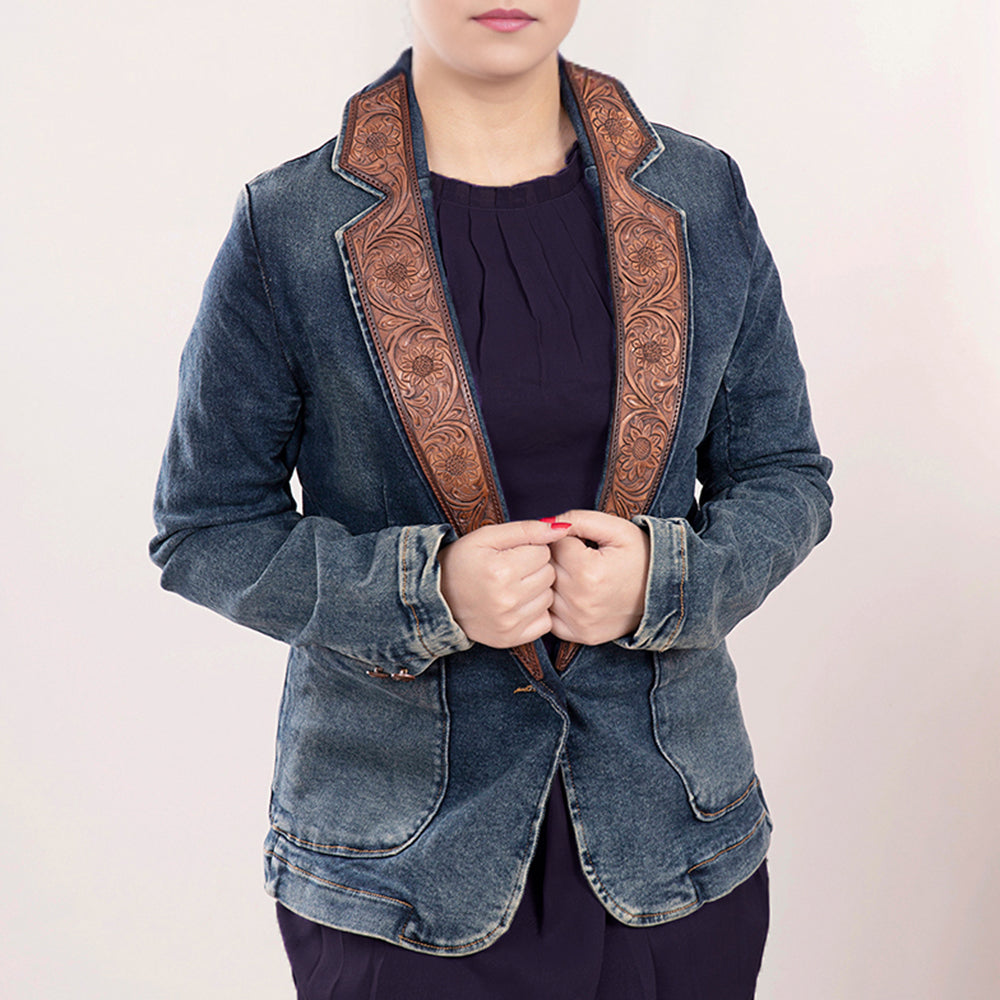 LC-ADBZ020 Women's Western Denim Blazer with Wide Tooled Leather Lapels - Deep Wash Cowgirl Jacket