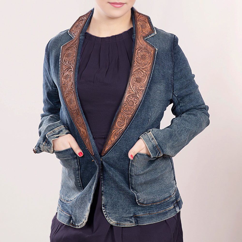 LC-ADBZ020 Women's Western Denim Blazer with Wide Tooled Leather Lapels - Deep Wash Cowgirl Jacket