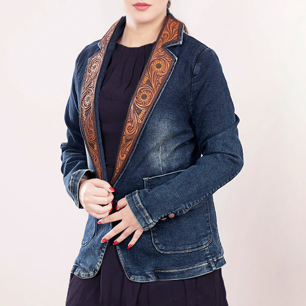 LC-ADBZ021 Western Denim Blazer with Sunflower Tooled Leather Lapels - Women's Distressed Cowgirl Jacket