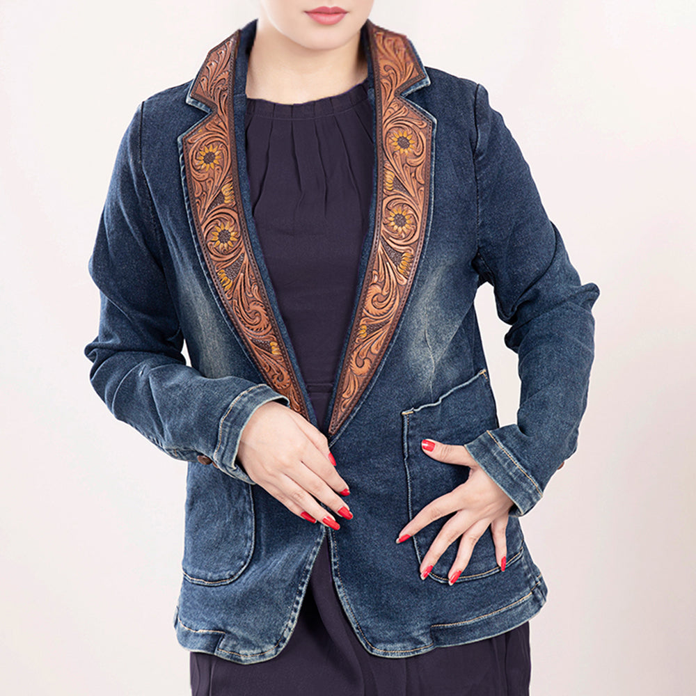 LC-ADBZ021 Western Denim Blazer with Sunflower Tooled Leather Lapels - Women's Distressed Cowgirl Jacket