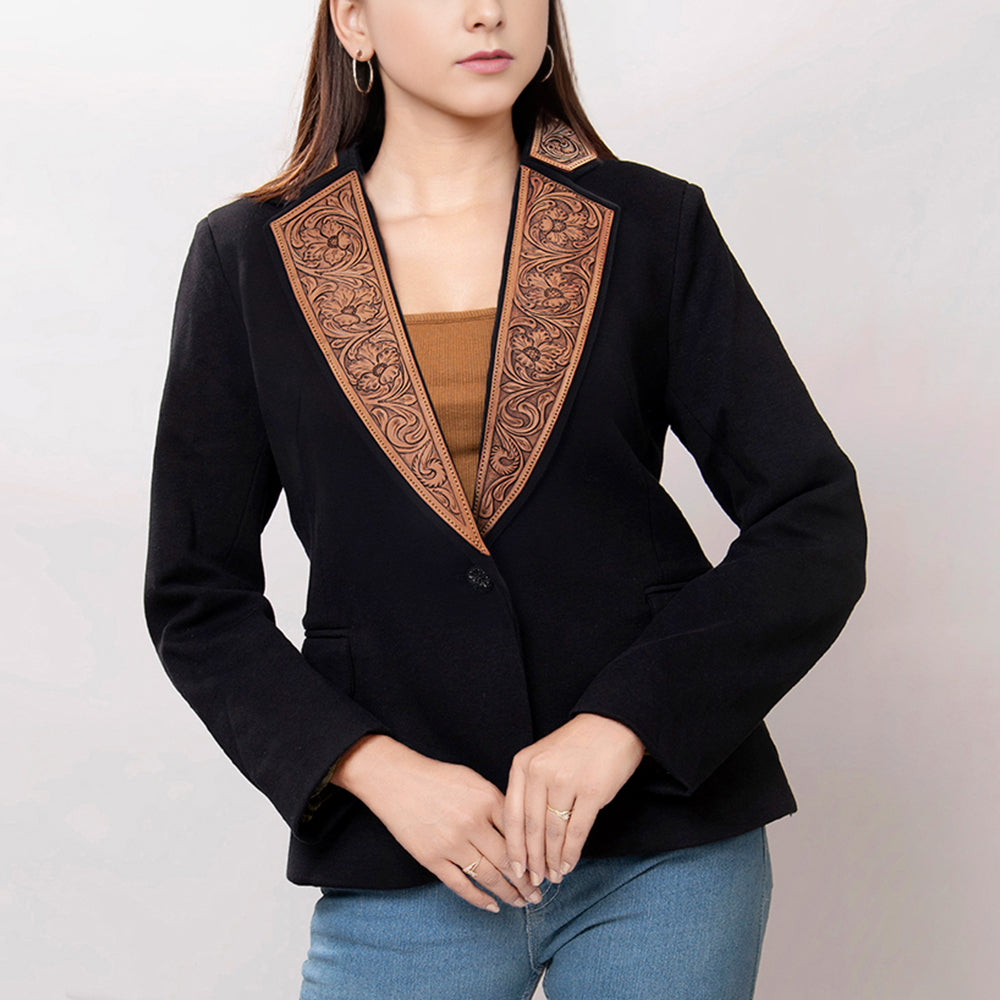 LC-ADBZ011 Women's Western Blazer with Tooled Leather Lapels - Black Tailored Jacket