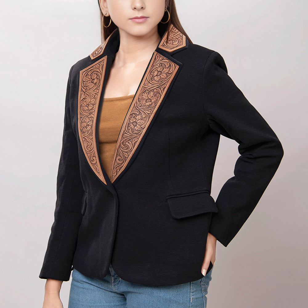 LC-ADBZ011 Women's Western Blazer with Tooled Leather Lapels - Black Tailored Jacket