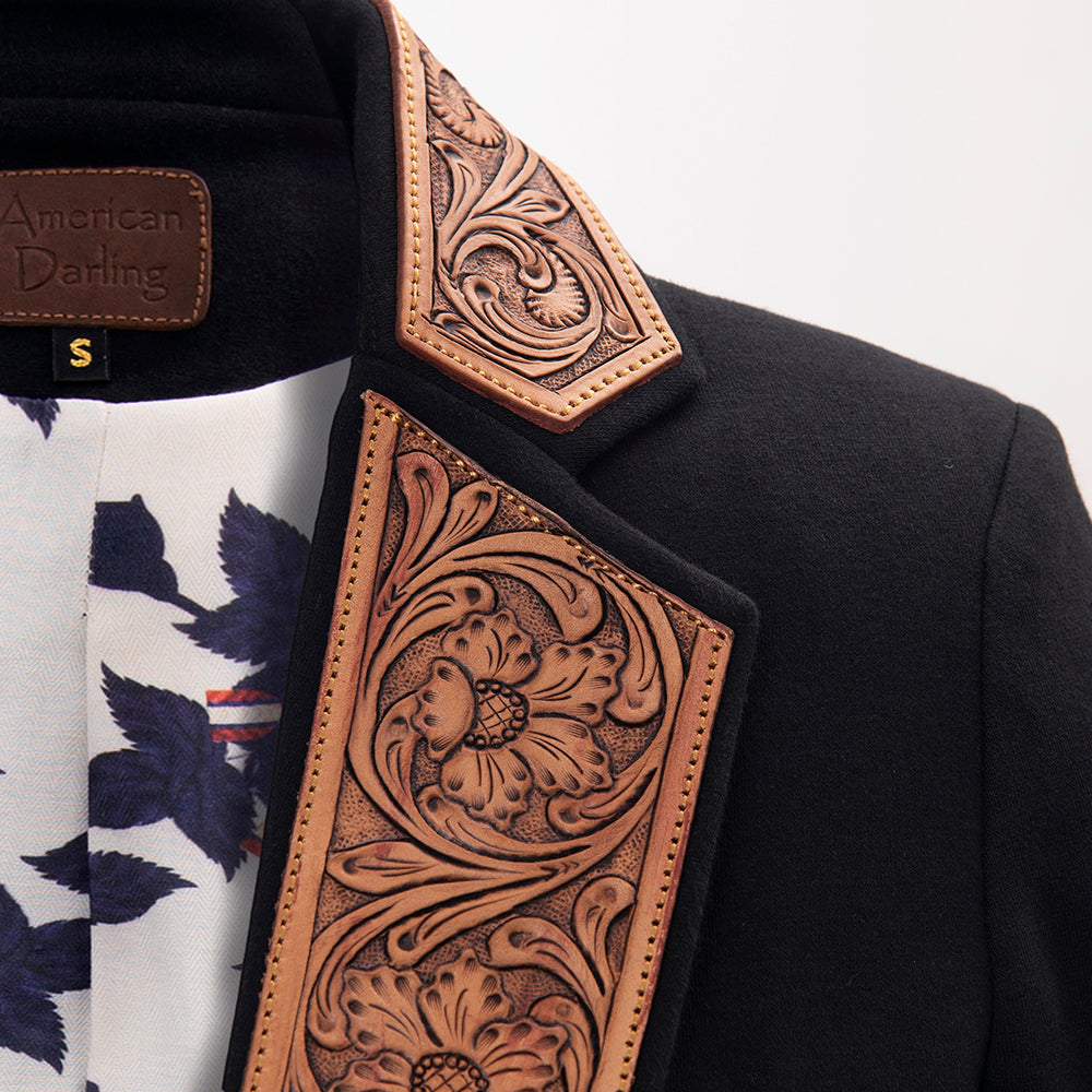 ADBZ011 American Darling Women Western Black Fabric Blazer with Hand-Tooled Leather Lapels