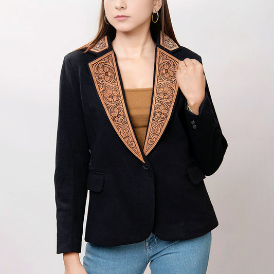 LC-ADBZ011 Women's Western Blazer with Tooled Leather Lapels - Black Tailored Jacket