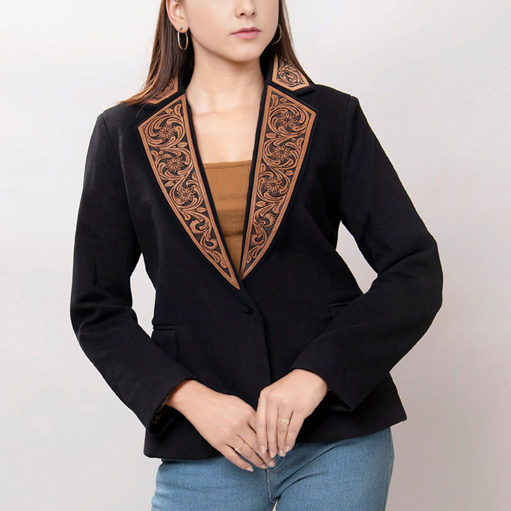 LC-ADBZ012 Women's Western Blazer with Ornate Tooled Leather Lapels - Black Tailored Floral Jacket