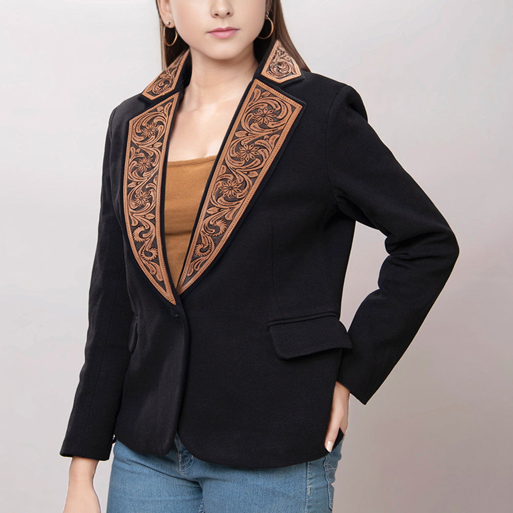 LC-ADBZ012 Women's Western Blazer with Ornate Tooled Leather Lapels - Black Tailored Floral Jacket
