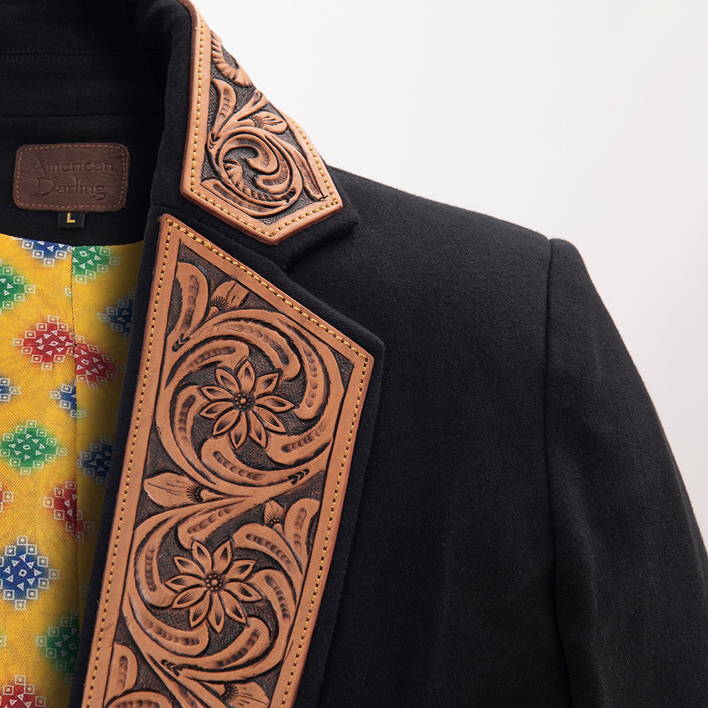 LC-ADBZ012 Women's Western Blazer with Ornate Tooled Leather Lapels - Black Tailored Floral Jacket