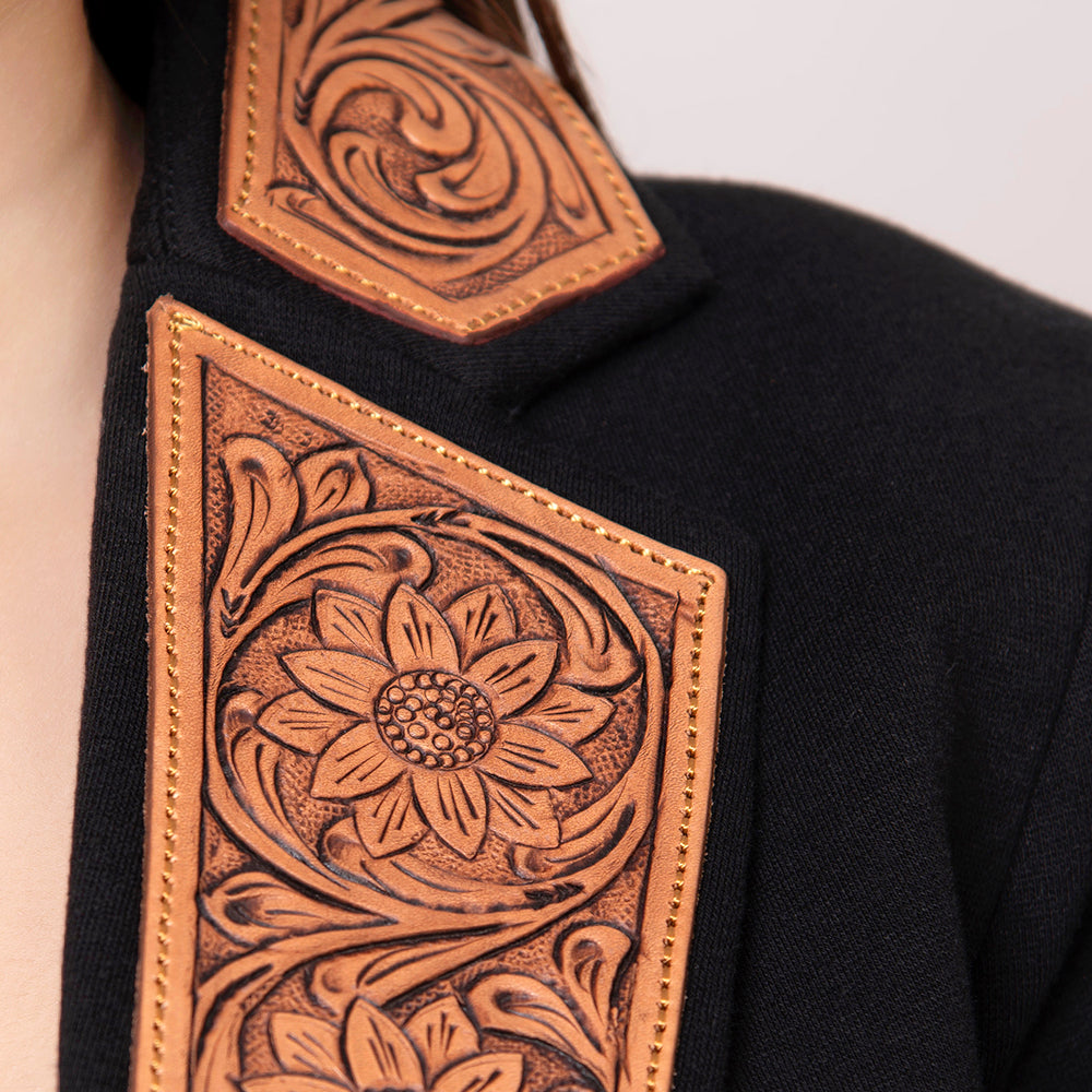 LC-ADBZ013 Women's Black Western Blazer with Tooled Leather Lapels - Floral Swirl Design