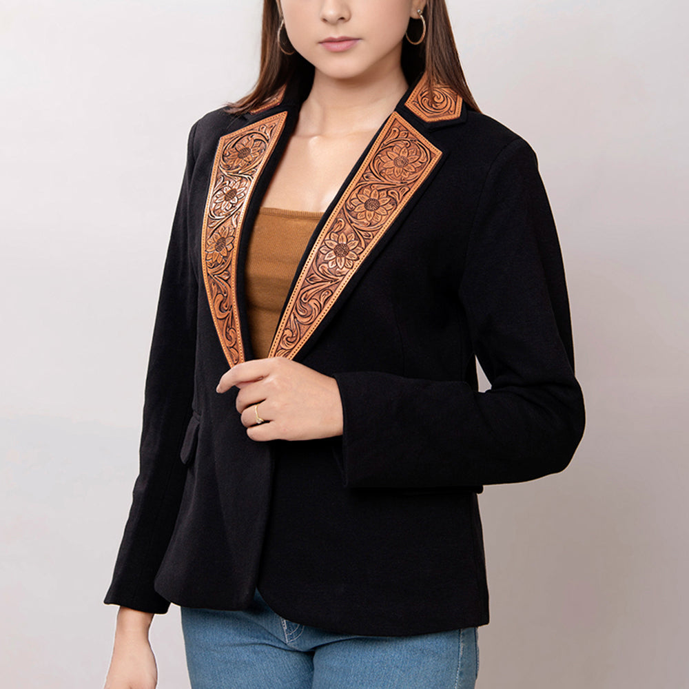 LC-ADBZ013 Women's Black Western Blazer with Tooled Leather Lapels - Floral Swirl Design