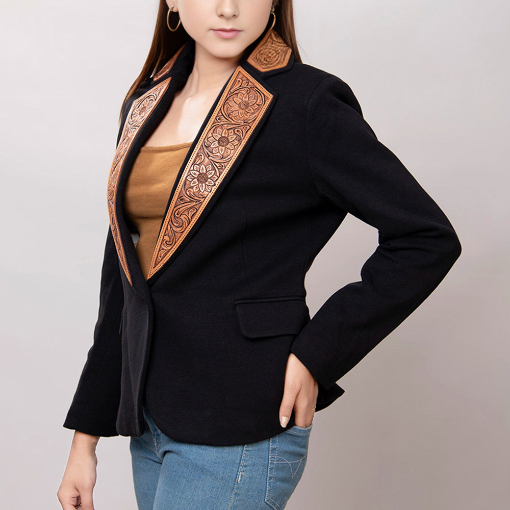 LC-ADBZ013 Women's Black Western Blazer with Tooled Leather Lapels - Floral Swirl Design