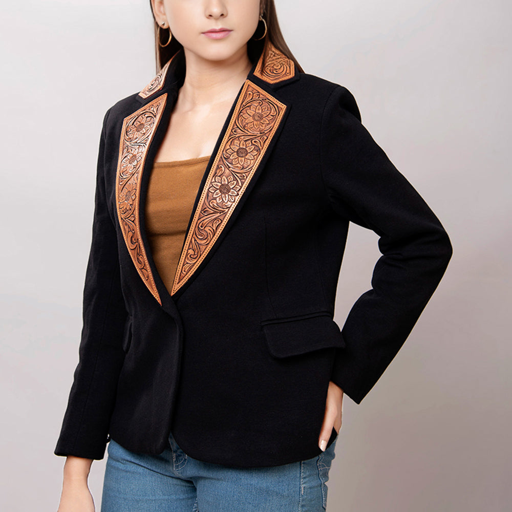 LC-ADBZ013 Women's Black Western Blazer with Tooled Leather Lapels - Floral Swirl Design