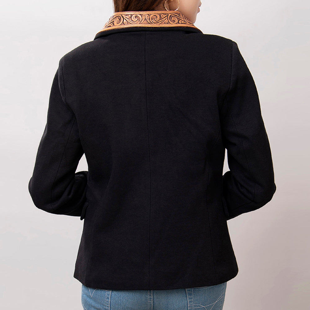 LC-ADBZ013 Women's Black Western Blazer with Tooled Leather Lapels - Floral Swirl Design