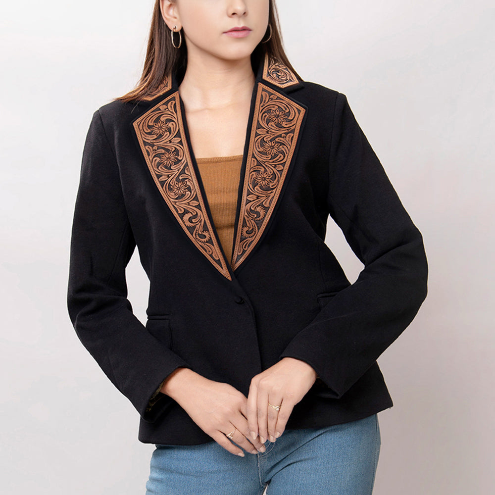 LC-ADBZ013 Women's Black Western Blazer with Tooled Leather Lapels - Floral Swirl Design