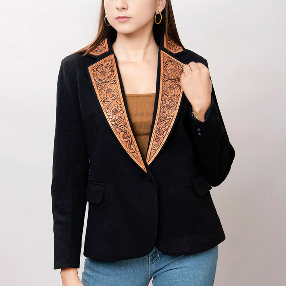 LC-ADBZ013 Women's Black Western Blazer with Tooled Leather Lapels - Floral Swirl Design