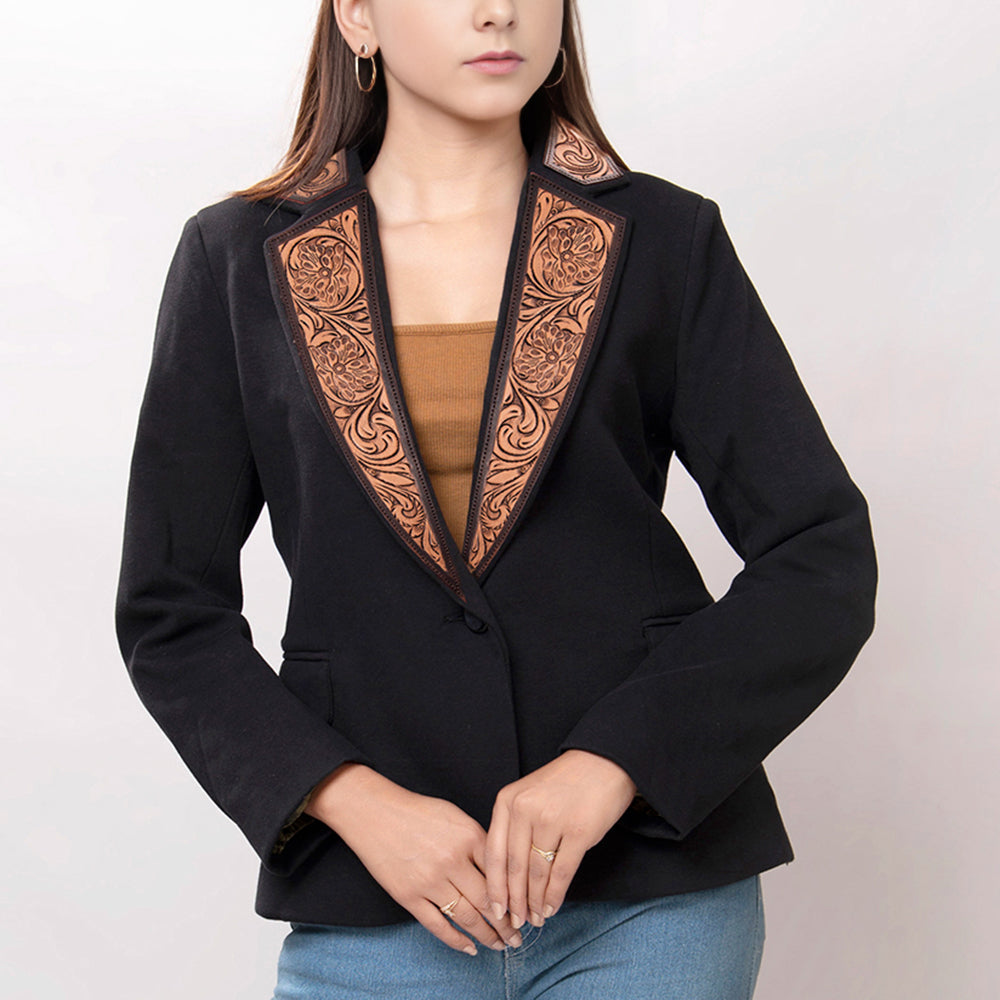 LC-ADBZ014 Women's Black Western Blazer with Swirl Tooled Leather Lapels - Tailored Cowgirl Jacket