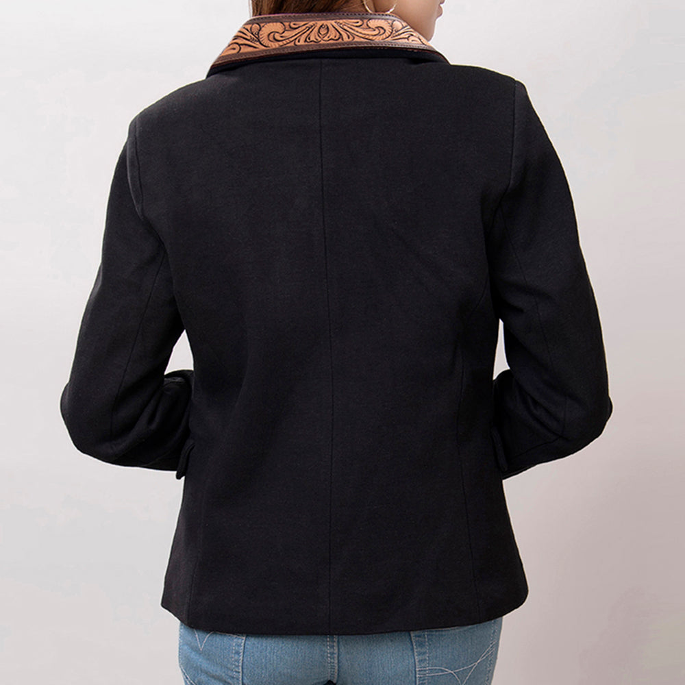 LC-ADBZ014 Women's Black Western Blazer with Swirl Tooled Leather Lapels - Tailored Cowgirl Jacket