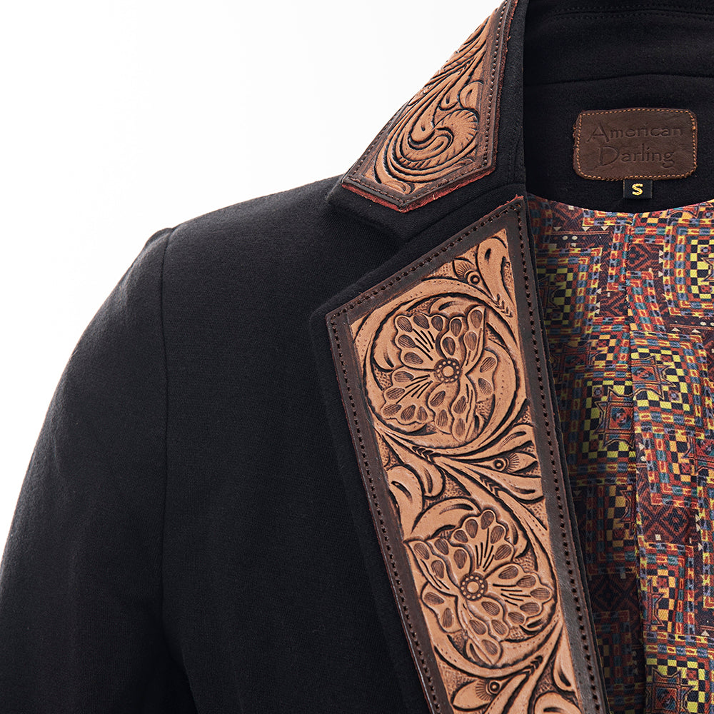 LC-ADBZ014 Women's Black Western Blazer with Swirl Tooled Leather Lapels - Tailored Cowgirl Jacket