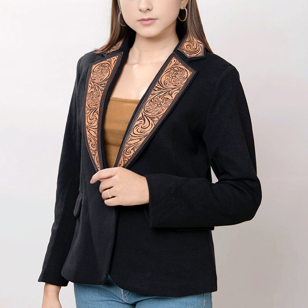 LC-ADBZ014 Women's Black Western Blazer with Swirl Tooled Leather Lapels - Tailored Cowgirl Jacket
