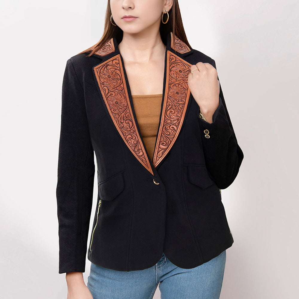 LC-ADBZ015 Women's Western Blazer with Tooled Leather Lapels & Zipper Detail - Tailored Black Jacket