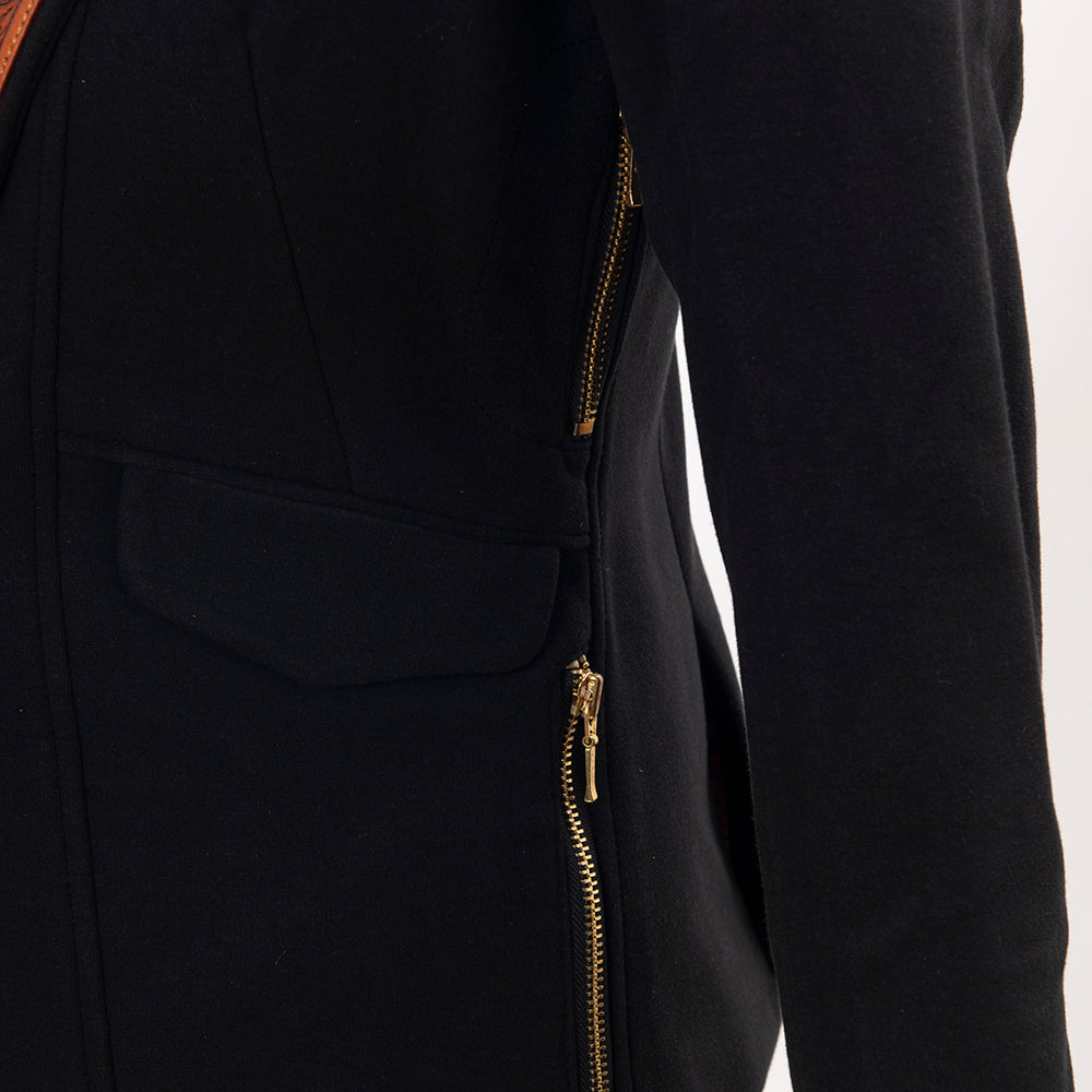 LC-ADBZ015 Women's Western Blazer with Tooled Leather Lapels & Zipper Detail - Tailored Black Jacket