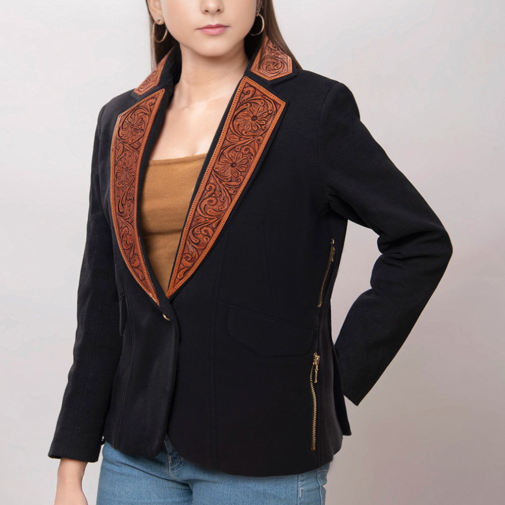 LC-ADBZ015 Women's Western Blazer with Tooled Leather Lapels & Zipper Detail - Tailored Black Jacket