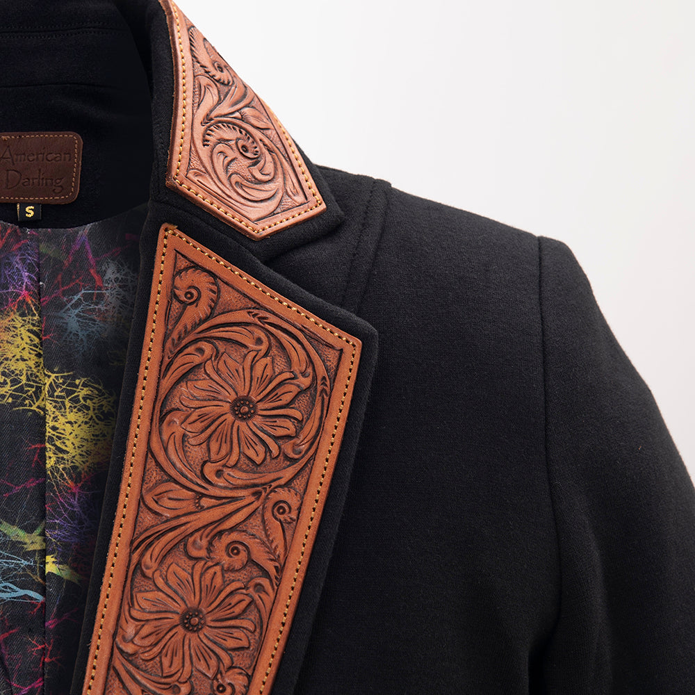 LC-ADBZ015 Women's Western Blazer with Tooled Leather Lapels & Zipper Detail - Tailored Black Jacket