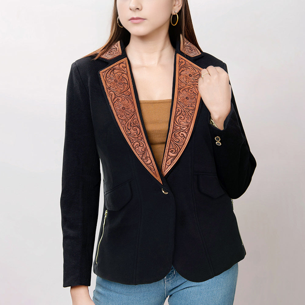 LC-ADBZ015 Women's Western Blazer with Tooled Leather Lapels & Zipper Detail - Tailored Black Jacket