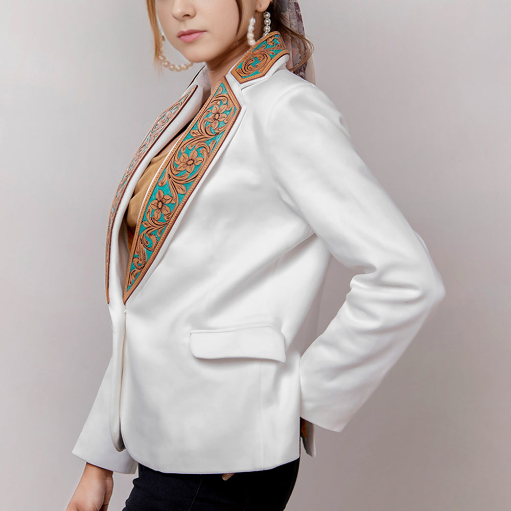 ADBZ016 White Western Blazer with Turquoise Tooled Leather Lapels - Women's Tailored Cowgirl Jacket