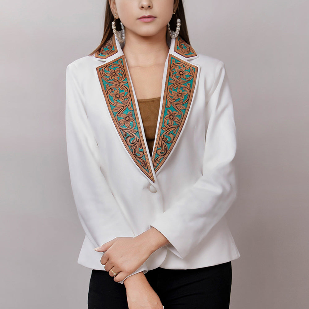 ADBZ016 White Western Blazer with Turquoise Tooled Leather Lapels - Women's Tailored Cowgirl Jacket