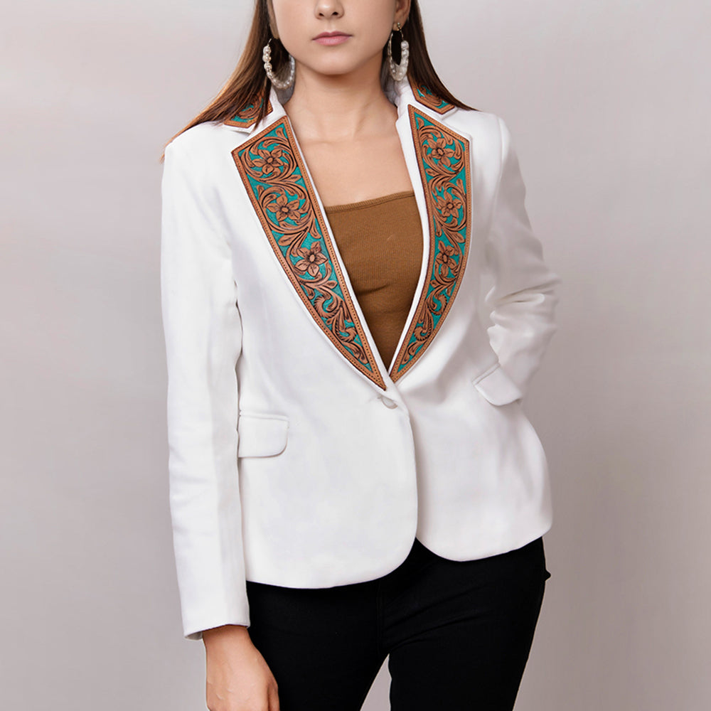 ADBZ016 White Western Blazer with Turquoise Tooled Leather Lapels - Women's Tailored Cowgirl Jacket