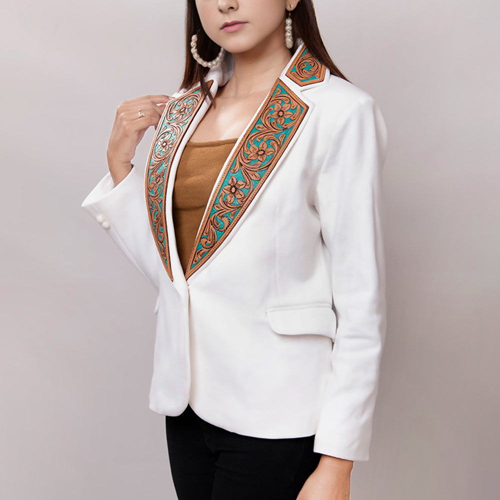 ADBZ016 White Western Blazer with Turquoise Tooled Leather Lapels - Women's Tailored Cowgirl Jacket