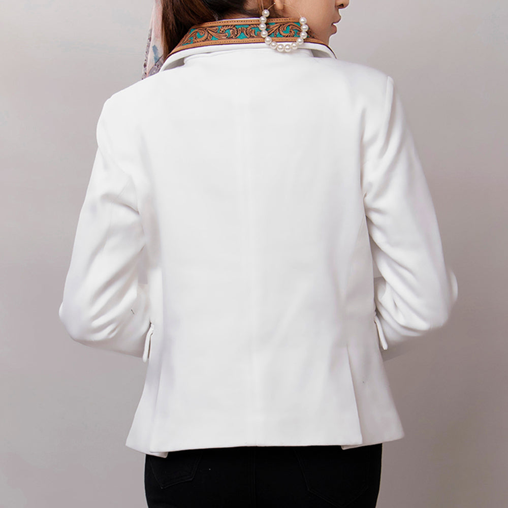 ADBZ016 White Western Blazer with Turquoise Tooled Leather Lapels - Women's Tailored Cowgirl Jacket