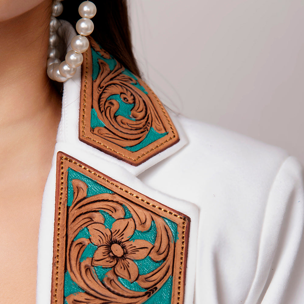 ADBZ016 White Western Blazer with Turquoise Tooled Leather Lapels - Women's Tailored Cowgirl Jacket