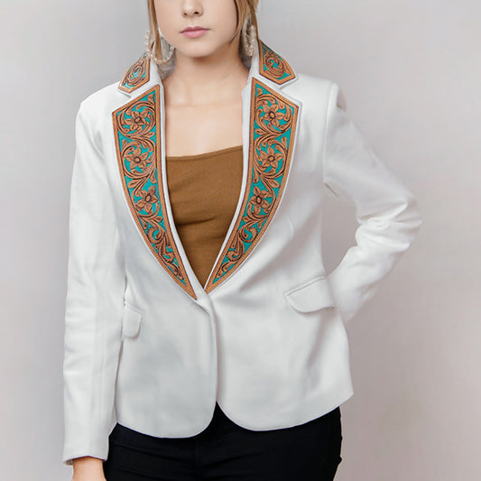 ADBZ016 White Western Blazer with Turquoise Tooled Leather Lapels - Women's Tailored Cowgirl Jacket