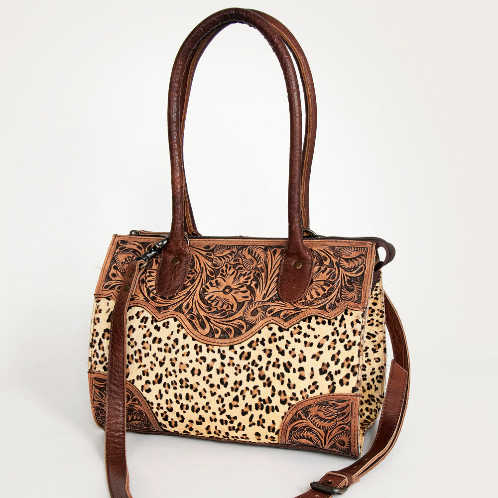 LC-ADBG907 Leopard Print Western Tote Tooled Leather & Hair-On Hide Bag by American Darling