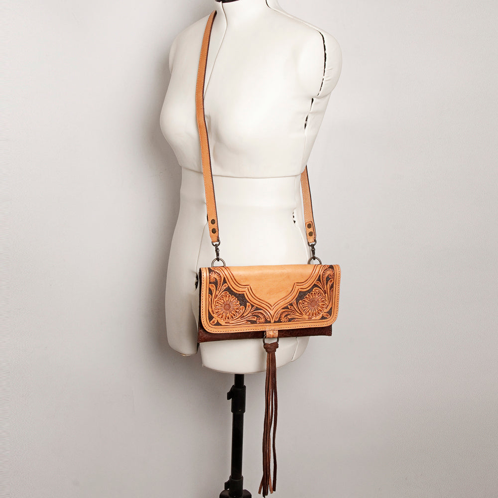 LC-ADBG908 Natural Hand-Tooled Leather Crossbody Bag with Floral Flap & Tassel