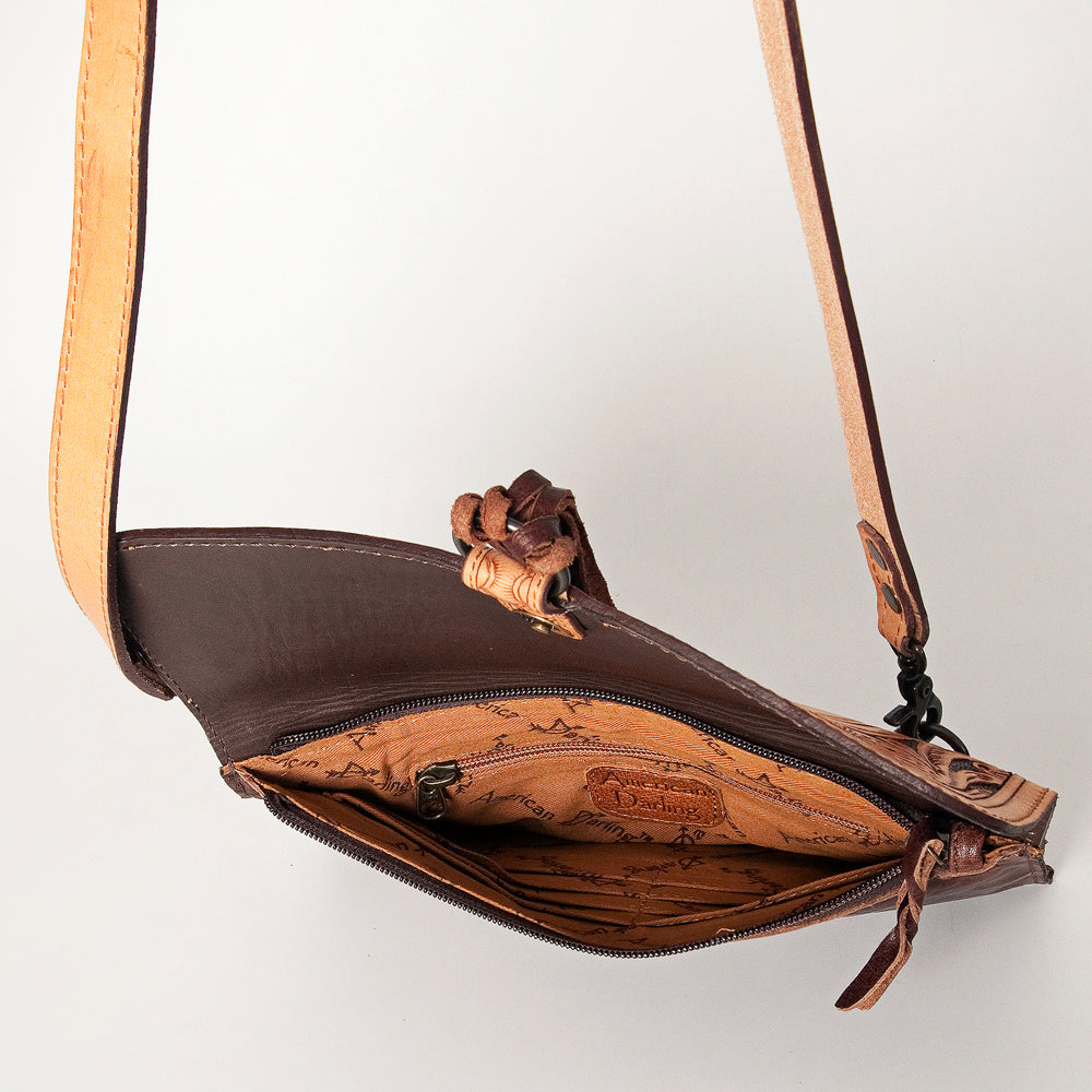 LC-ADBG908 Natural Hand-Tooled Leather Crossbody Bag with Floral Flap & Tassel