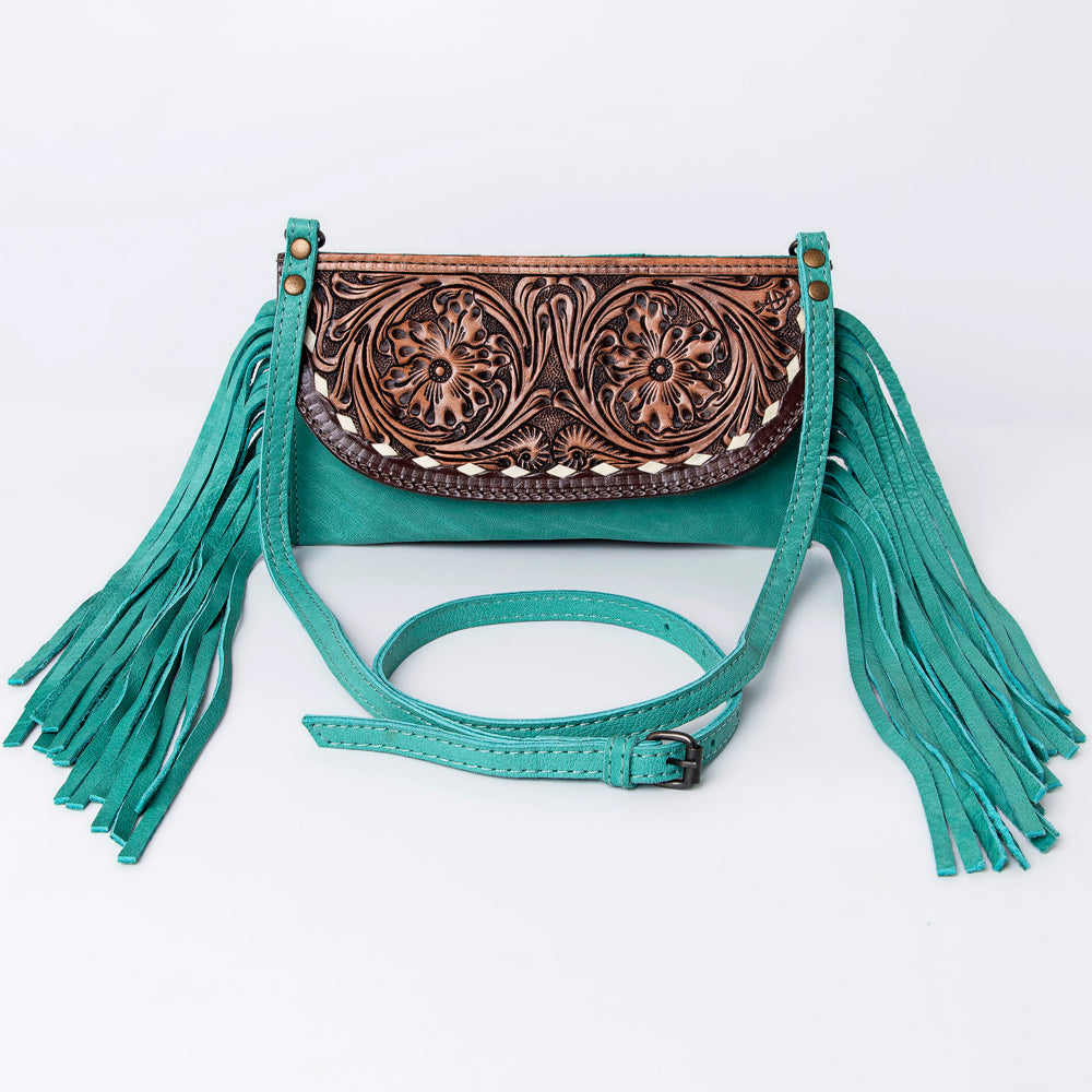 LC-ADBG924 Leather Crossbody with Hand-Tooled Floral Flap & Fringe
