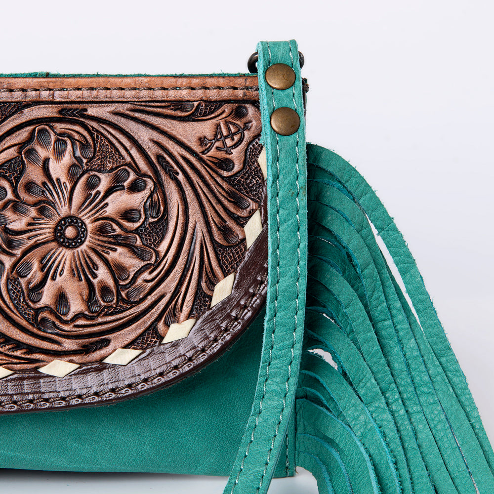 LC-ADBG924 Leather Crossbody with Hand-Tooled Floral Flap & Fringe