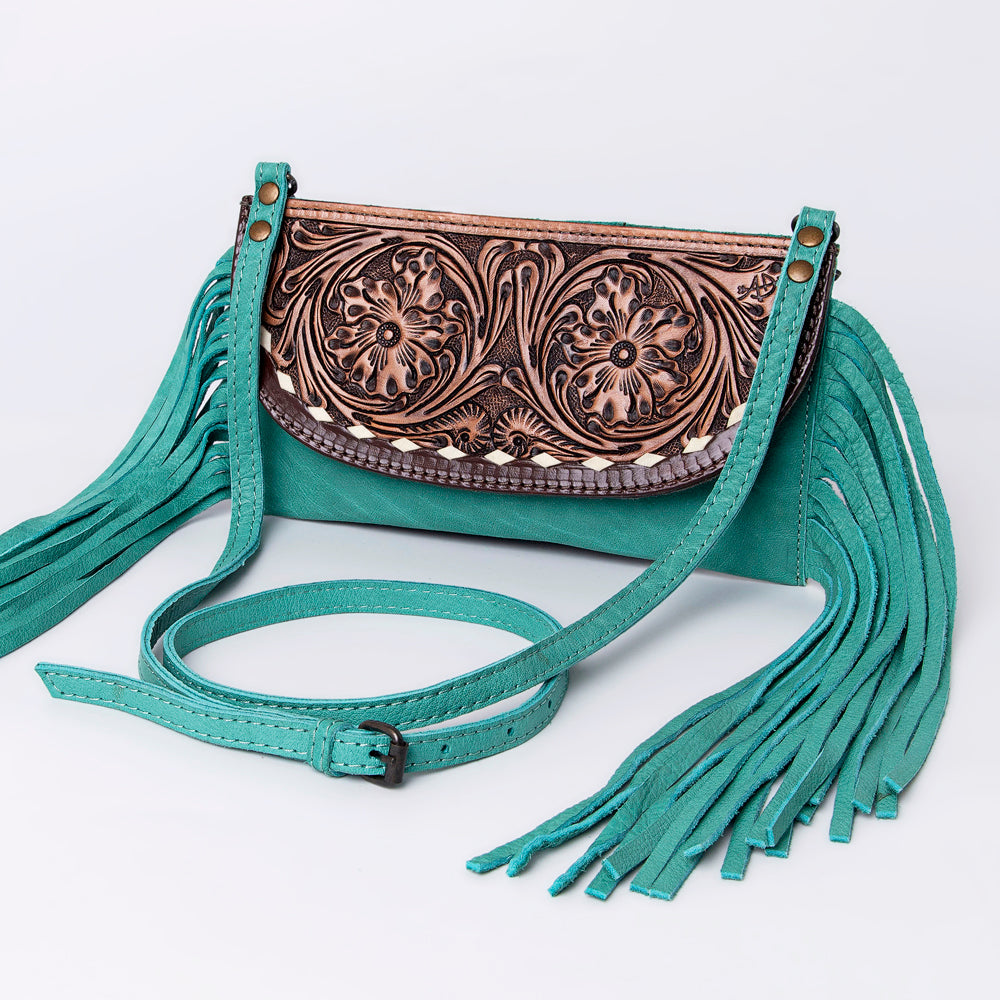 LC-ADBG924 Leather Crossbody with Hand-Tooled Floral Flap & Fringe